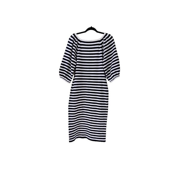 Eliza J Dress M Navy White Striped SS Bodycon Reverse Knit Midi Stretch Nautical - Picture 2 of 13